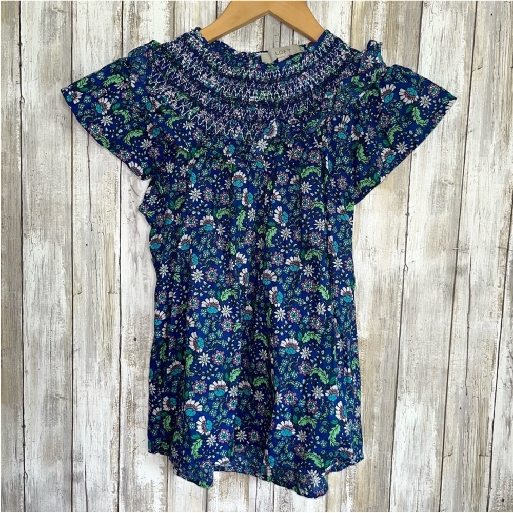 Loft Blue Floral Smocked Shirred Blouse - Picture 4 of 9